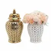 Light luxury metal ceramic golden general jar, hollowed-out storage jar, vase, European-style handicraft display item, Golden castle vase details Picture